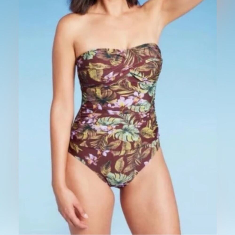 Shade & Shore Brown and Green One Piece Swimsuit Strapless Size S NWT